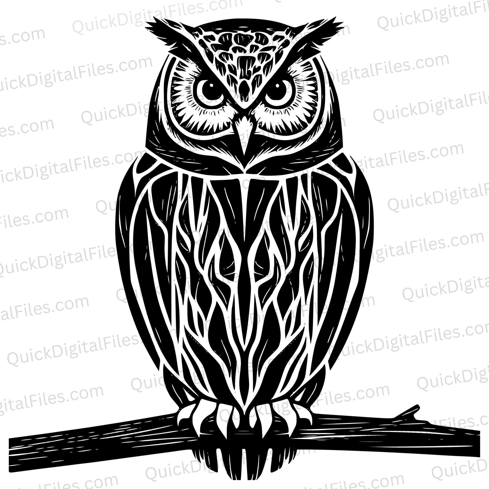 Intricate owl on branch silhouette SVG illustration