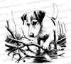 "Puppy exploring creek black and white SVG and JPEG design for crafting and decor."