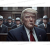 Realistic illustration of Donald Trump in a courtroom surrounded by gangsters.