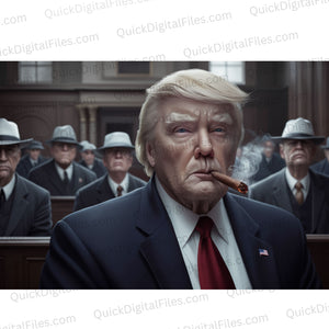 Realistic illustration of Donald Trump in a courtroom surrounded by gangsters.