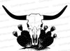 "Black and White Bull Skull Silhouette with Desert Cacti SVG, PNG, JPEG"