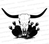 "Black and White Bull Skull Silhouette with Desert Cacti SVG, PNG, JPEG"