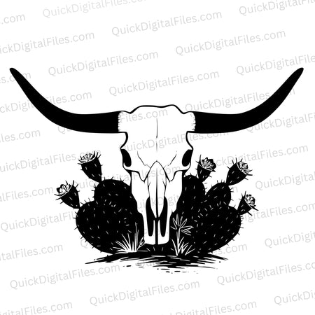 "Black and White Bull Skull Silhouette with Desert Cacti SVG, PNG, JPEG"