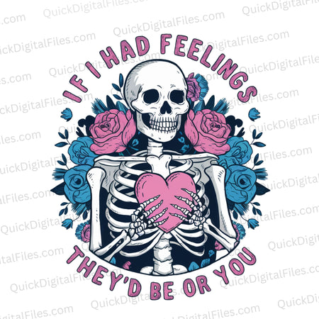 Digital download of skeleton holding pink heart with floral background in PNG, JPEG.