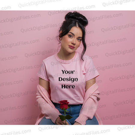 "Woman in Pink T-Shirt Mockup Holding Red Rose PNG, JPEG, PDF"