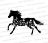 "Floral Gallop" horse with flowers SVG silhouette in black and white.