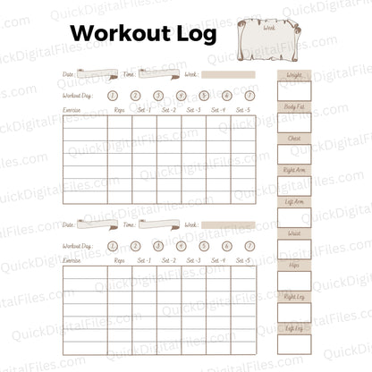 Printable Workout Log PDF with exercise and measurement tracker
