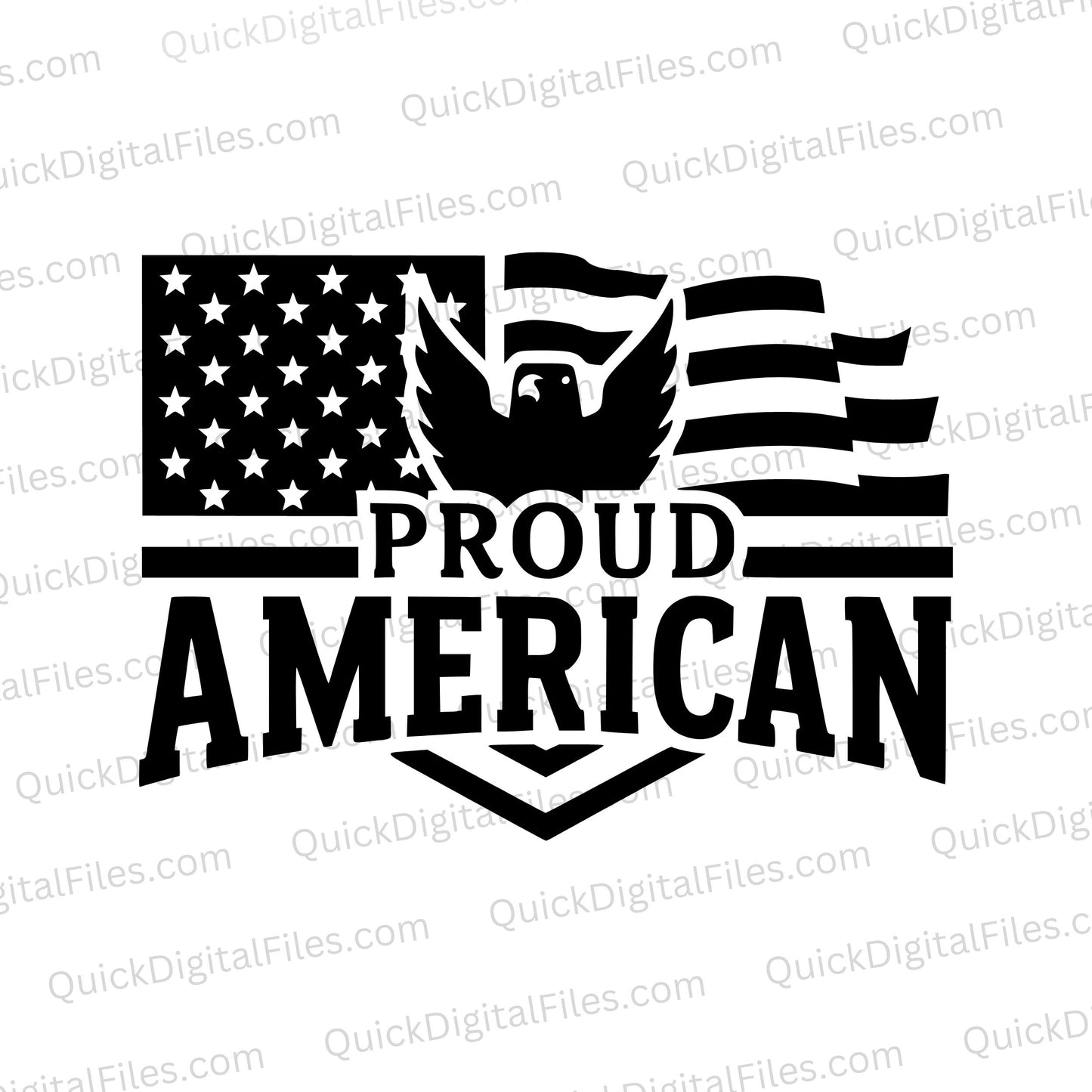 "Black and white American flag design with Proud American text"