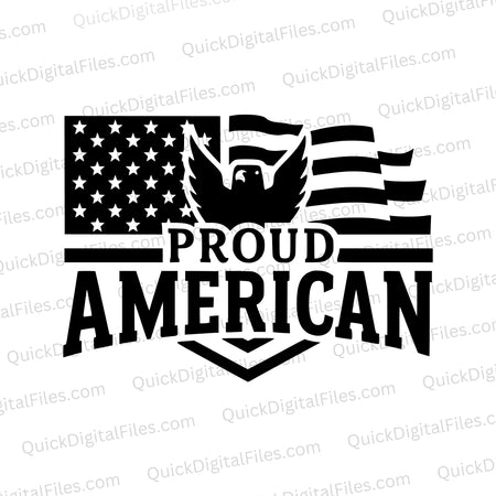 "Black and white American flag design with Proud American text"