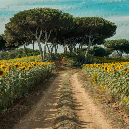 Serene sunflower pathway backdrop with a natural tree archway and clear blue sky