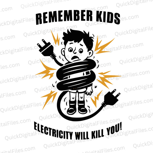 "Electricity Will Kill You Cartoon Boy T-Shirt Design"