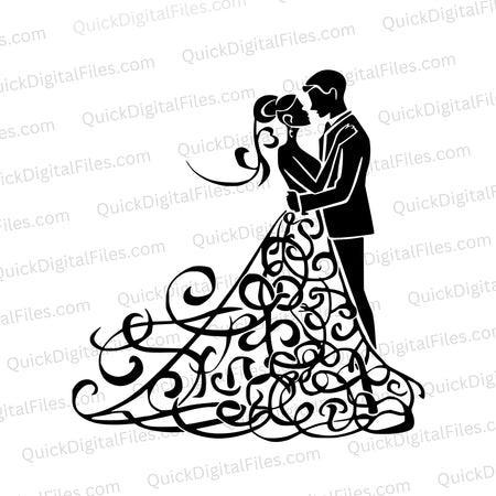 "Black and white wedding attire illustration SVG for anniversary keepsakes."