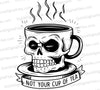 "Skull-shaped tea cup graphic with 'Not Your Cup of Tea' banner in SVG, PNG, JPEG."