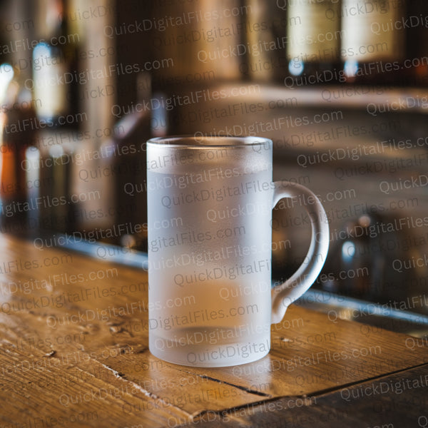 Frosted glass mug mockup on a rustic wooden bar
