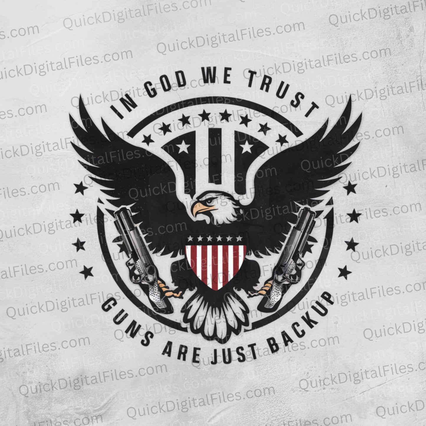 "JPEG of eagle with guns graphic under In God We Trust banner."