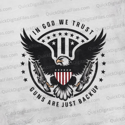 "JPEG of eagle with guns graphic under In God We Trust banner."