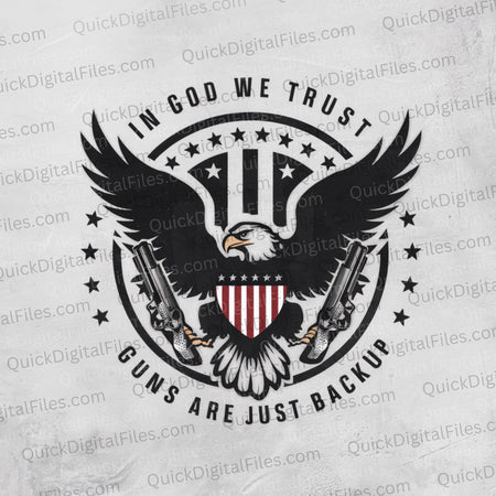 "JPEG of eagle with guns graphic under In God We Trust banner."