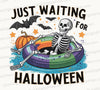 Festive skeleton lounging on an inflatable ring with a pumpkin and flying bats, 'Just Waiting for Halloween' text