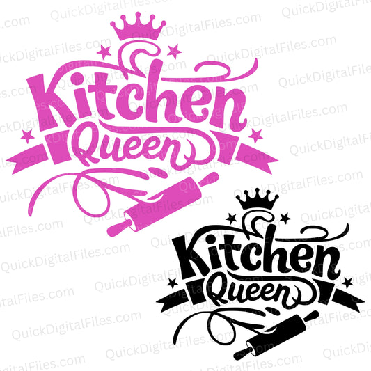 Kitchen Queen SVG with pink cursive text, crown, and rolling pin
