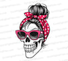 Downloadable Graphic Of Stylized Skull Wearing Pink Sunglasses And Red Polka-Dotted Headscarf In PNG, JPEG.