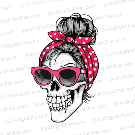 Downloadable Graphic Of Stylized Skull Wearing Pink Sunglasses And Red Polka-Dotted Headscarf In PNG, JPEG.