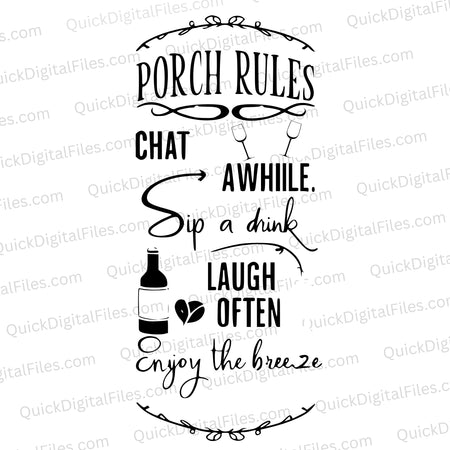 "Elegant black and white porch relaxation SVG for home crafting."