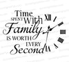 "Family time quote with clock face SVG for wall art."