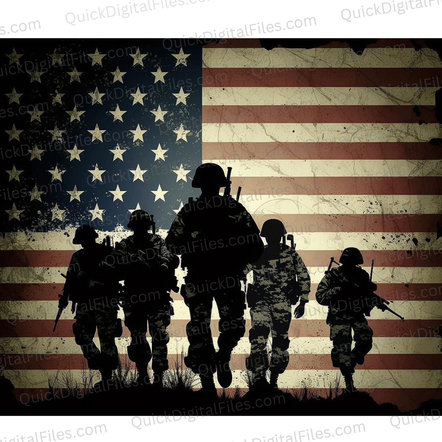 Honor courage and patriotism with our digital artwork featuring a rustic American flag and soldier silhouettes. Perfect for veterans, educators, and patriots. Download now to pay tribute to the spirit of service and sacrifice.