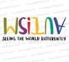 "Autism awareness graphic with word displayed upside down and backwards."