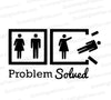 "Problem Solved" black and white vector graphic illustrating a woman throwing a man out of a box.