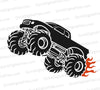 "Silhouette of a monster truck in mid-jump with flames on tires in SVG, PNG, JPEG."