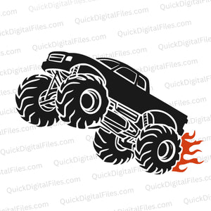 "Silhouette of a monster truck in mid-jump with flames on tires in SVG, PNG, JPEG."