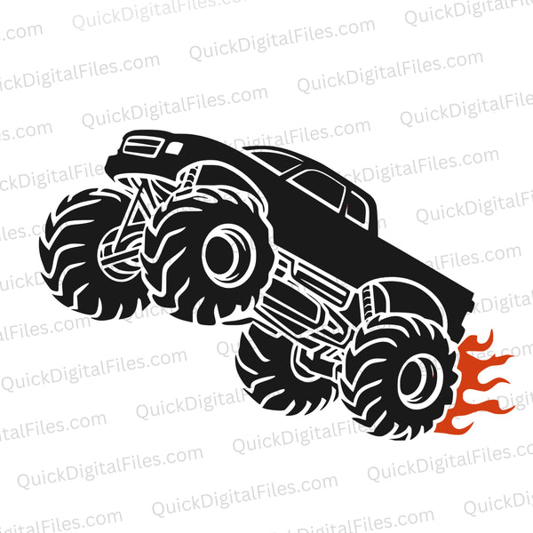 "Silhouette of a monster truck in mid-jump with flames on tires in SVG, PNG, JPEG."