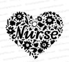 "Bold black and white heart-shaped nurse SVG graphic with intricate linework"