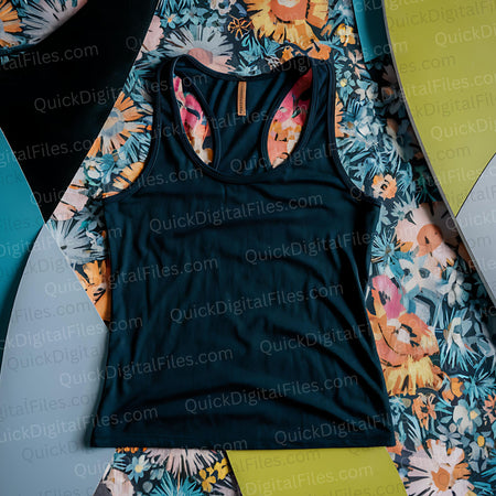 "High-quality mockup of a black tank top on a colorful floral patterned fabric."