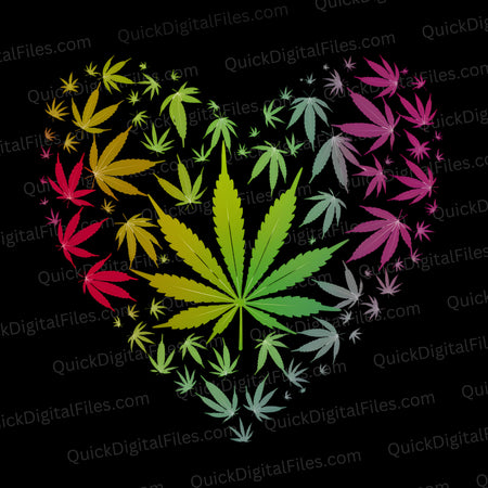 "Heart-Shaped Cannabis Leaf Composition with Color Gradient"