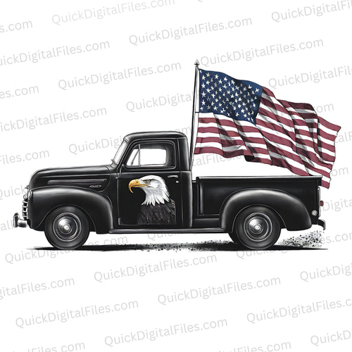 Vintage Black Truck with American Flag and Eagle: PNG JPEG