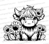 "Highland Cow with Flowers" cartoon-style SVG and PNG design for rustic crafts.
