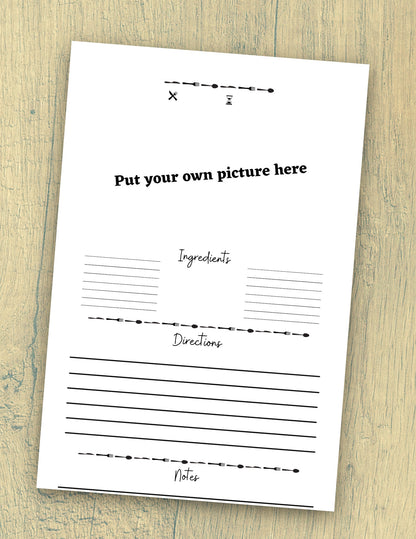 "Printable DIY recipe card with and without lines for a personalized cookbook."