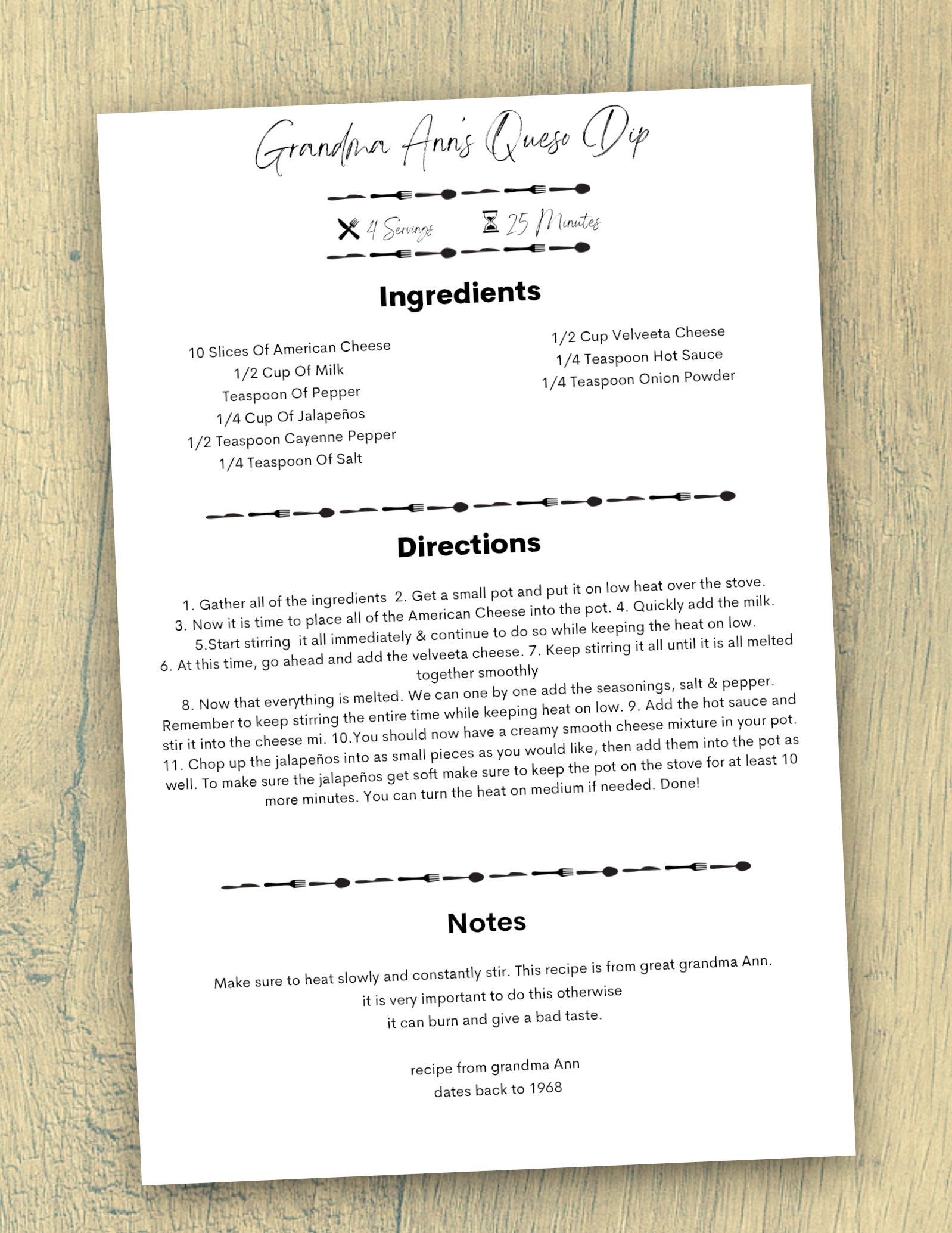 Sleek design recipe card for printing