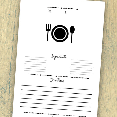 "Editable recipe card template with sections for title, servings, and cook time."