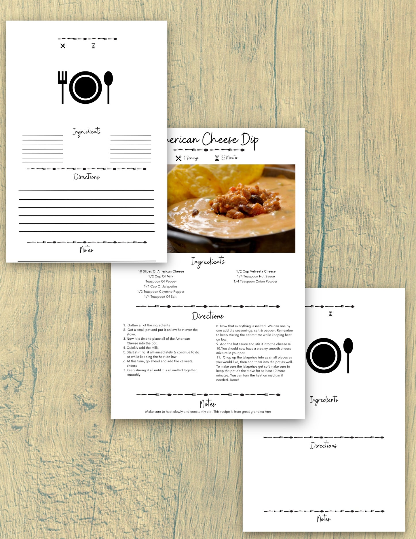 "Editable recipe card template with sections for title, servings, and cook time."