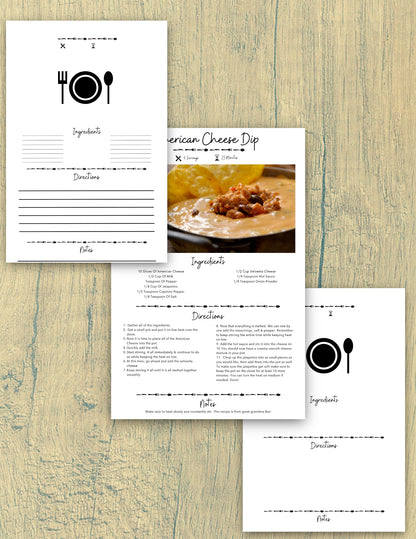 "Editable recipe card template with sections for title, servings, and cook time."