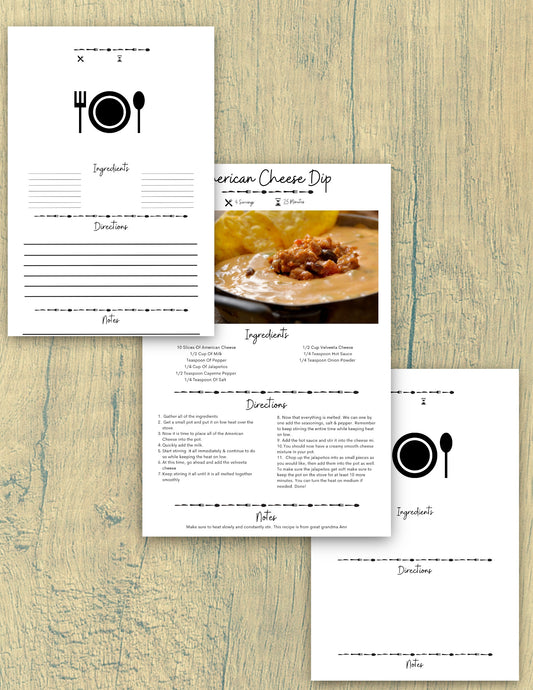 "Editable recipe card template with sections for title, servings, and cook time."