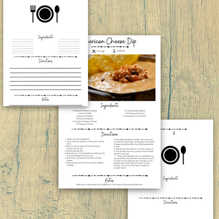 "Editable recipe card template with sections for title, servings, and cook time."