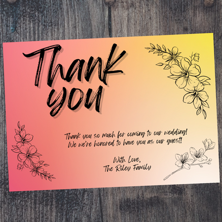 "Editable Tropical Thank You Card Template with Orange and Yellow Sunset"