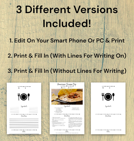 "Customizable culinary recipe card template with options for digital and manual entries."