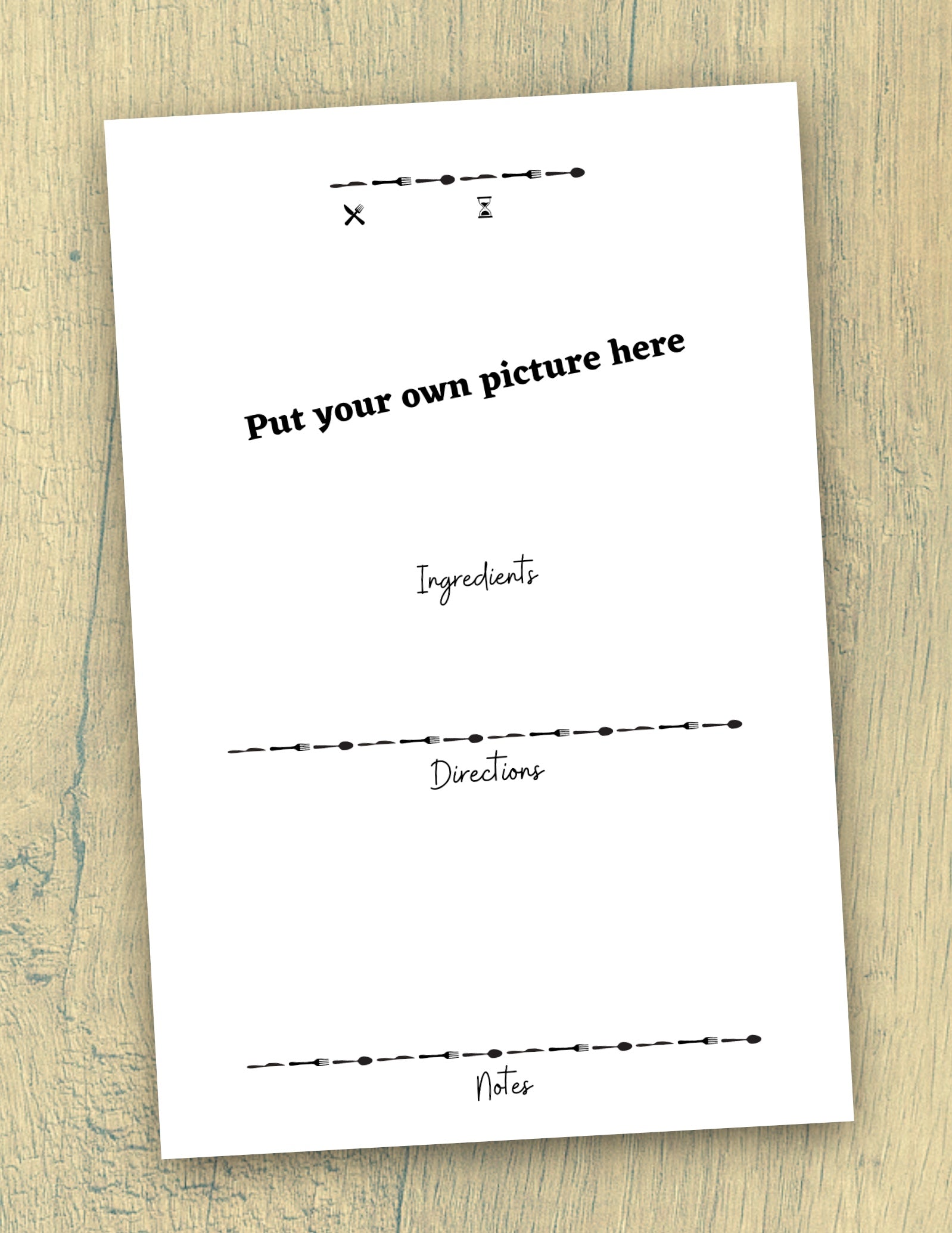Downloadable recipe card template with designated sections for cooking details and photo insertion