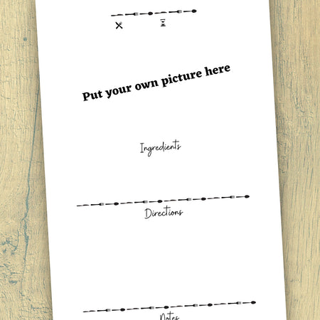 Downloadable recipe card template with designated sections for cooking details and photo insertion
