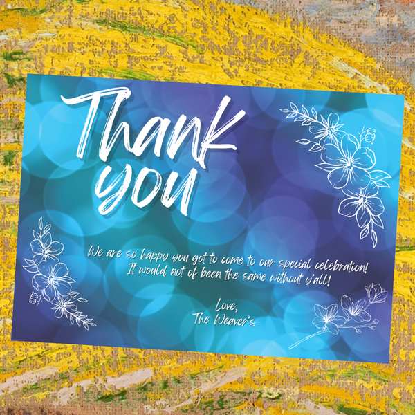 "Customizable Thank You Card with Tropical Flowers and Sunset Background"